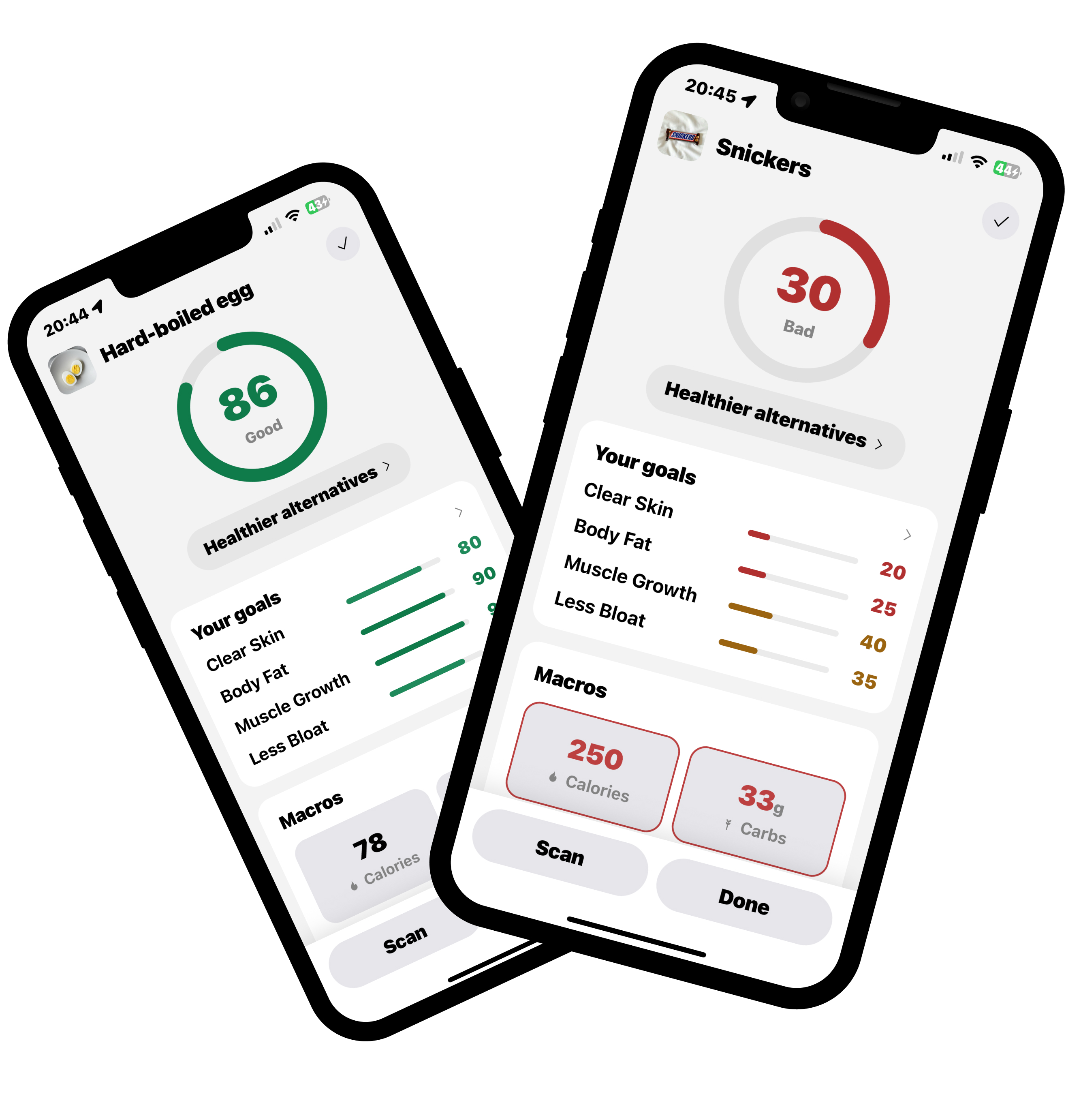 Clear Food scan results: a hard-boiled egg scoring 86, Good, and a Snickers bar scoring 30, Bad, each showing goal scores and macros.